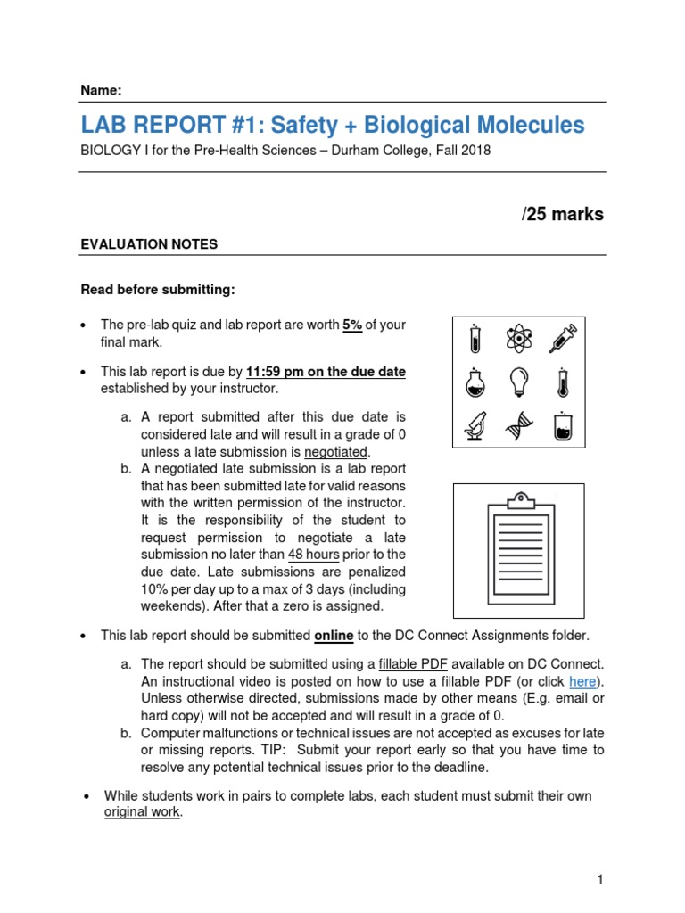 Lab Report 1 Safety Biological Molecules Fillable PDF Biomolecules