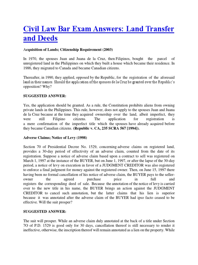 Civil Law Bar Exam Answers Land Transfer and Deeds Suggested Answer PDF Laches (Equity