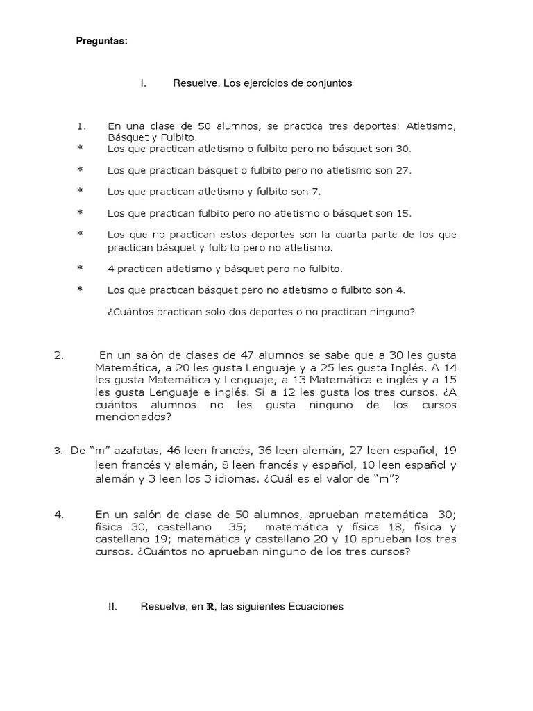 Ejercicios de Conjuntos y Ecuaciones Matemáticas | PDF | Objetos ...