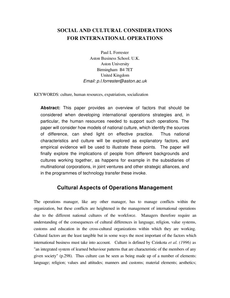 Cultural Factors in International Operations | PDF