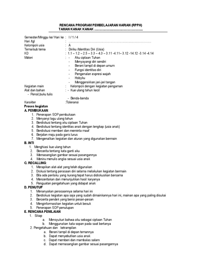 RPPH Tema Diriku Subtema Identitas Diri(Usia)