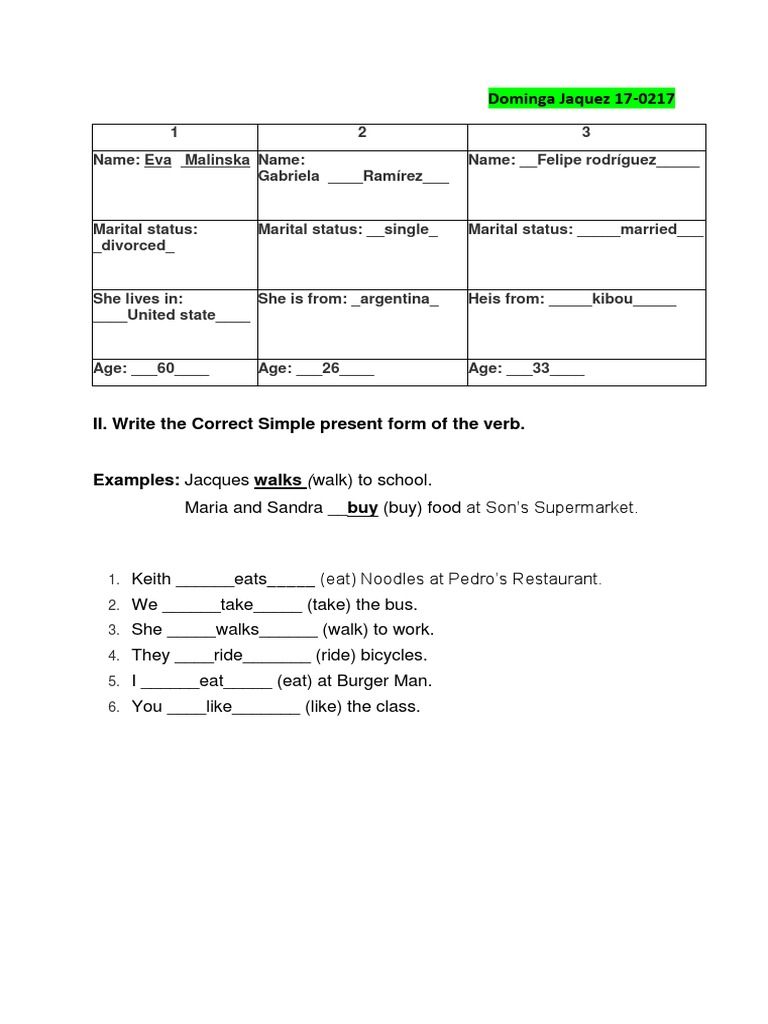 II. Write The Correct Simple Present Form of The Verb.: Dominga Jaquez ...