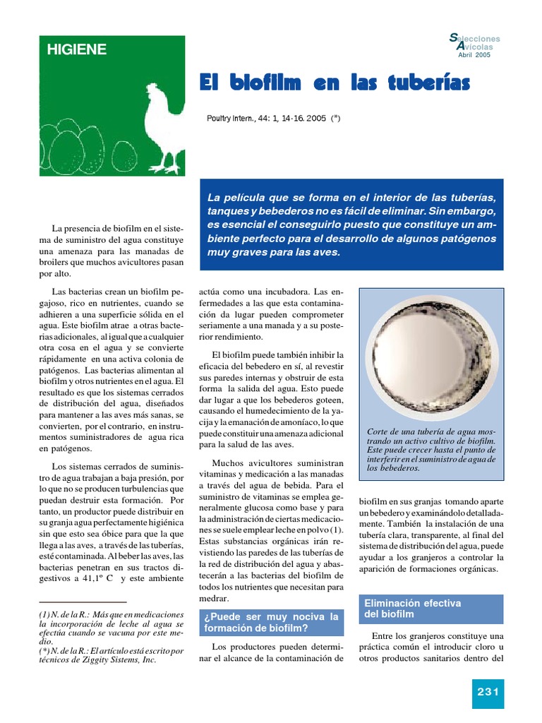 Biofilm en tuberías de agua avícola PDF Las bacterias Agua