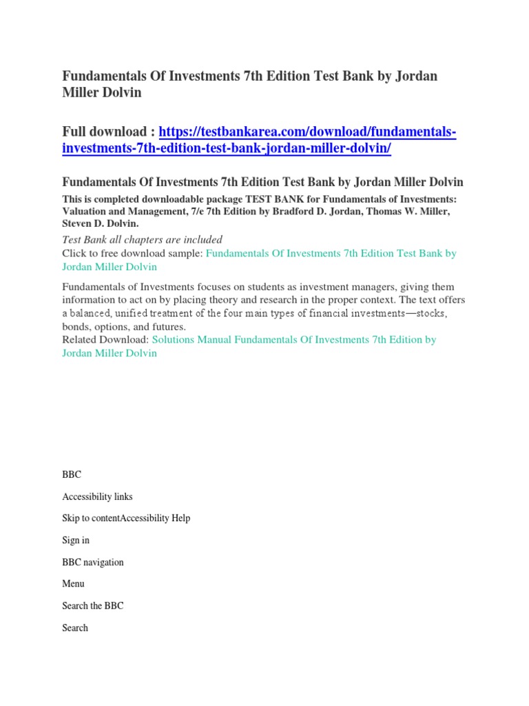 Fundamentals of Investments 7th Edition Test Bank by Jordan Miller Dolvin |  Bbc | Investing