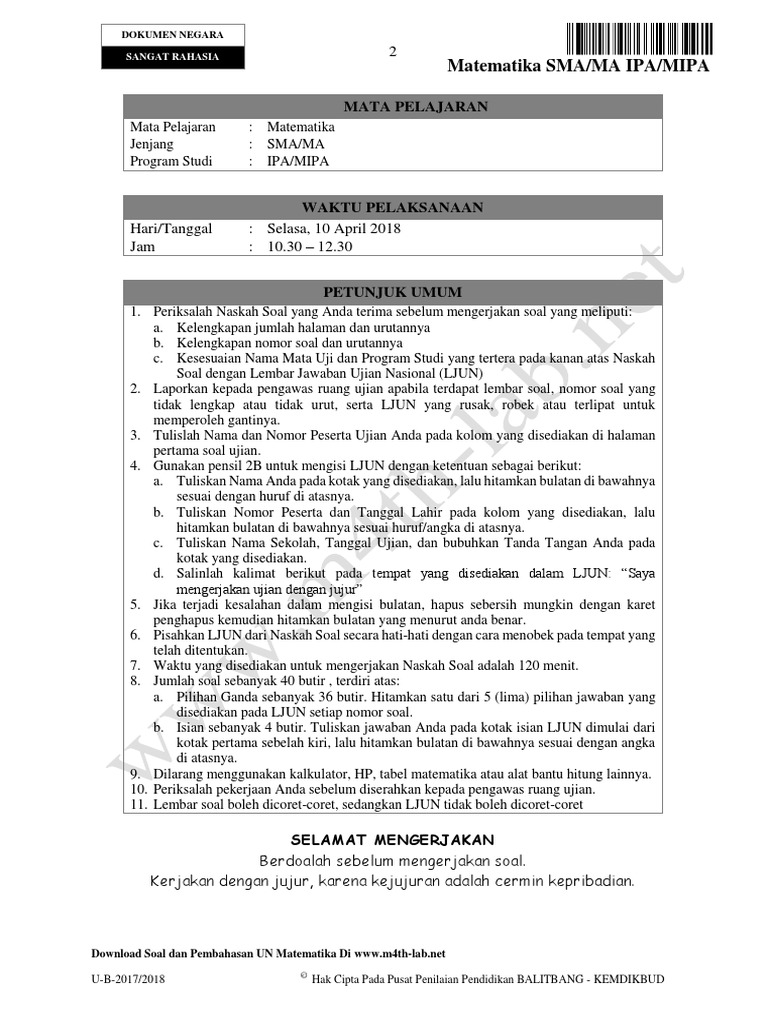 Soal Un 2018 Ipa Paket B1 Www M4th Lab Net