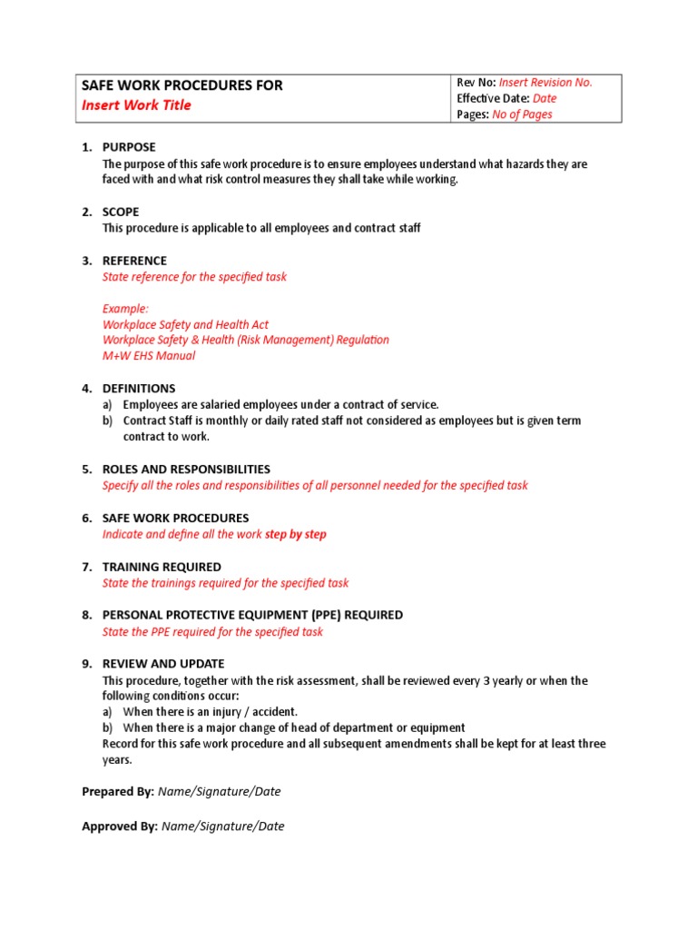 Insert Work Title: Safe Work Procedures For | PDF | Personal Protective ...