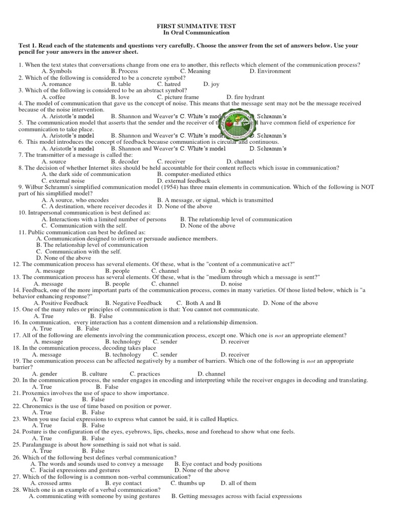 Grade 11 Oral Communication Test 1 | PDF | Nonverbal Communication ...