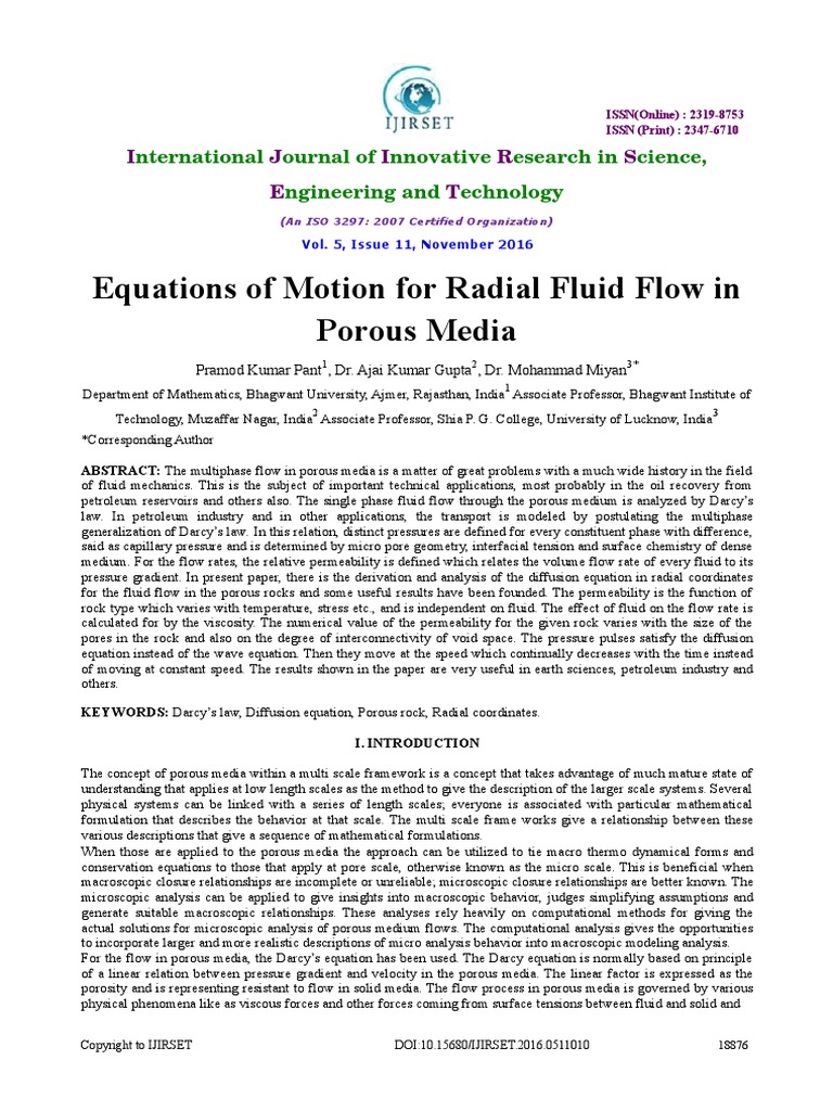 Equations of Motion For Radial Fluid Flow in Porous Media | PDF ...