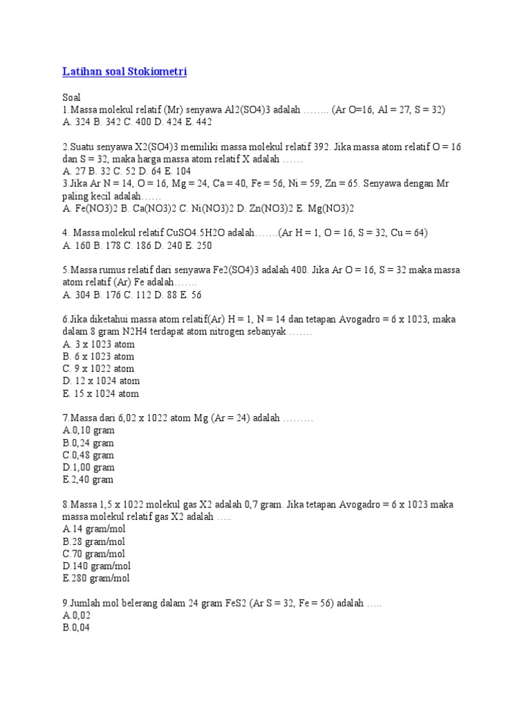 Soal Stoikiometri Kelas 10 | PDF | Metode & Bahan Ajar | Sains & Matematika