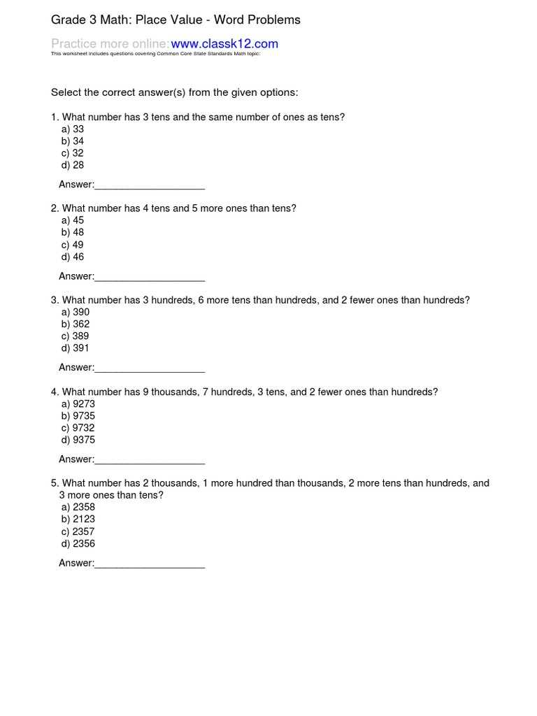 Grade 3 Place Value Word Problems | PDF | Teaching Methods & Materials ...