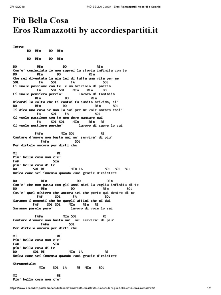PIÙ BELLA COSA Eros Ramazzotti _ Accordi e Spartiti