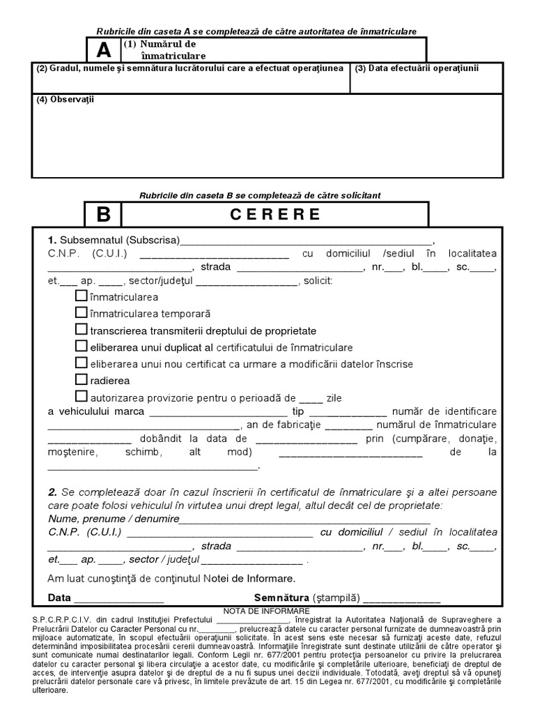 Cerere Inmatriculare Transcriere Duplicat Certificat Inmatriculare Radiere Autorizare Provizorie Pdf