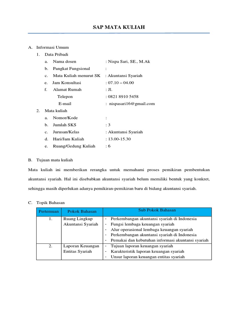 Sap Mata Kuliah Akuntansi Syariah Semester V