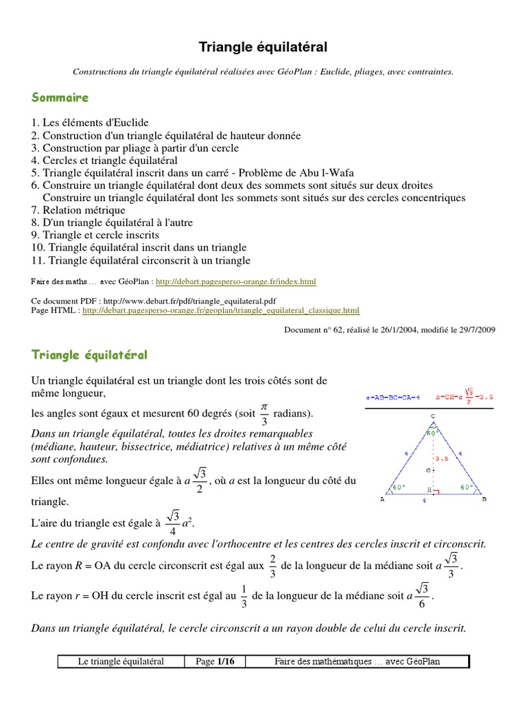 Calculer Côté Triangle équilatéral Avec Hauteur Triangle Equilateral | PDF | Triangle | Cercle