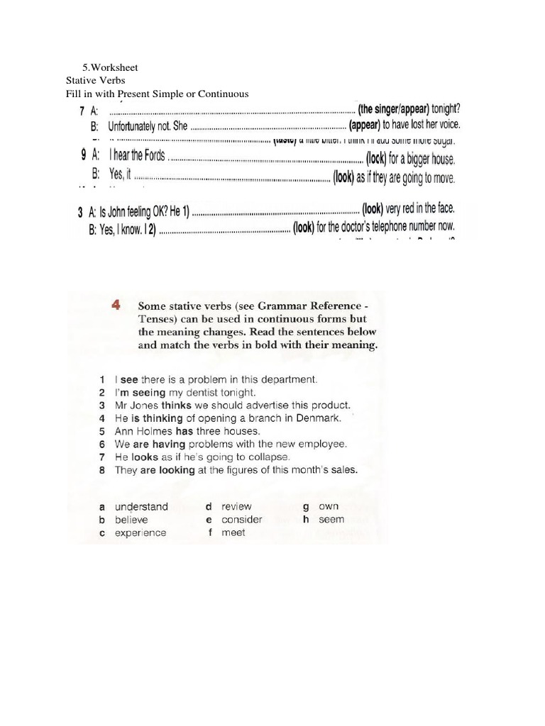 5.worksheet Stative Verbs Fill in With Present Simple or Continuous | PDF