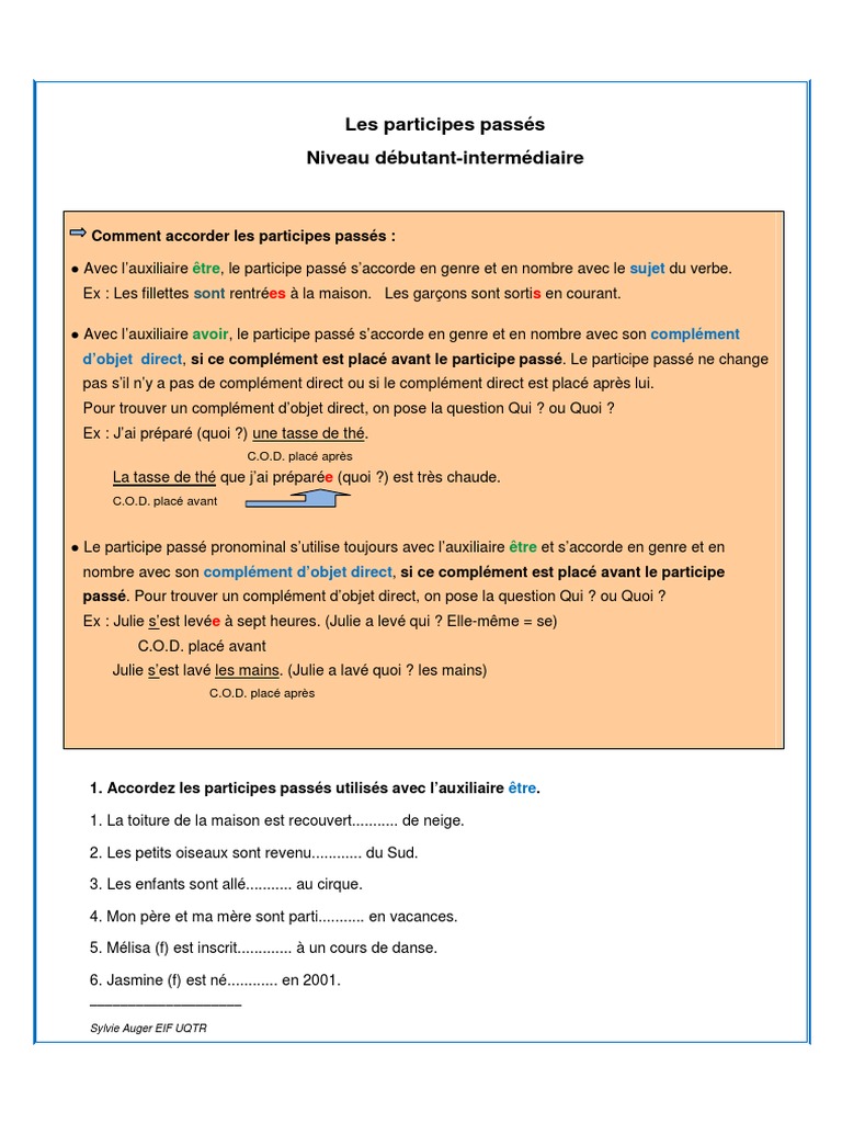 Accord Du Participe Passé Avec Avoir Exercices Corrigés Pdf Les Participes Passes Exercices Et Corrige | PDF | Complément d'objet |  Sujet (Grammaire)