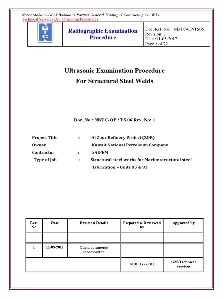 Ultrasonic Exam Procedure for Steel Welds | PDF | Nondestructive ...