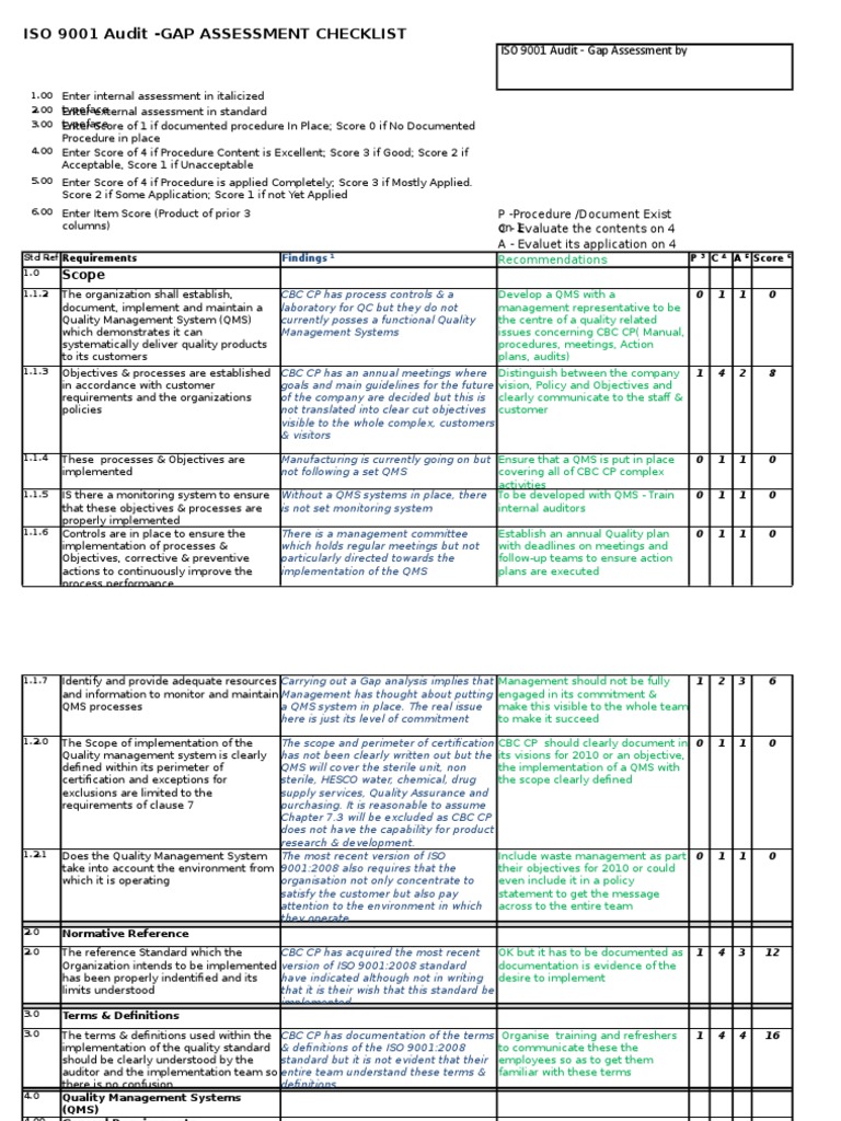 Iso 9001 Audit Gap Assessment Checklist Iso 9000 Audit
