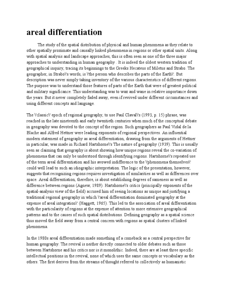 Areal Differentiation | Pdf | Geography | Space