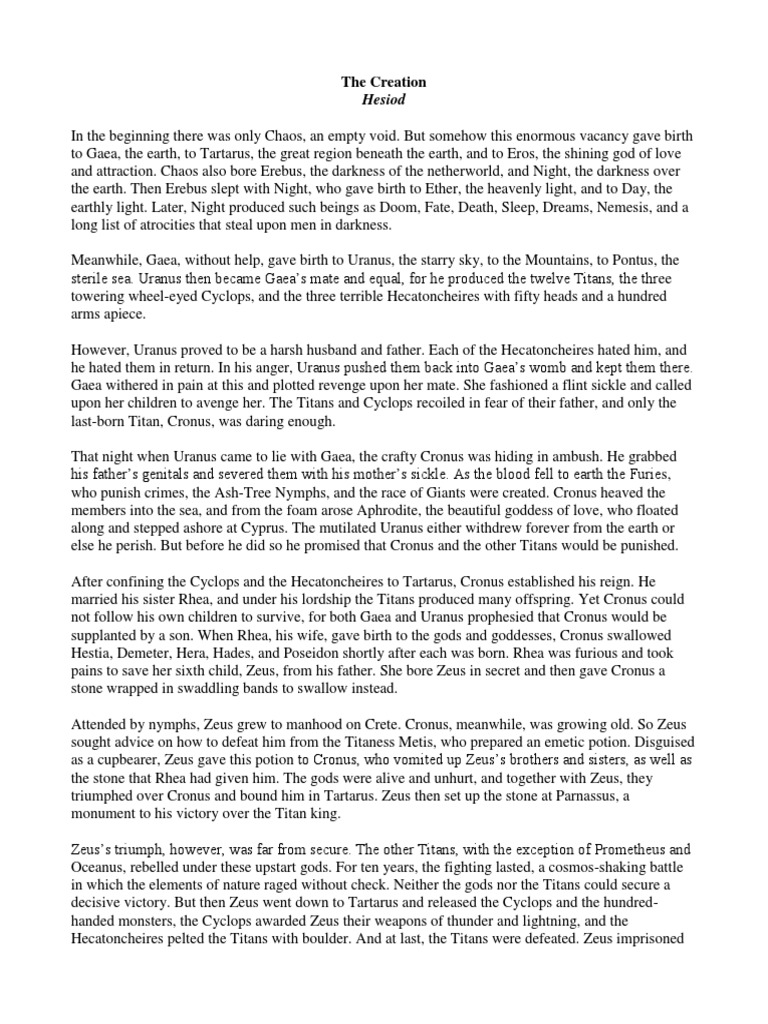 The Creation Hesiod Pdf Zeus Comparative Mythology