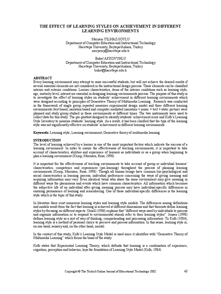 The Effect of Learning Styles On Achievement in Different Learning ...