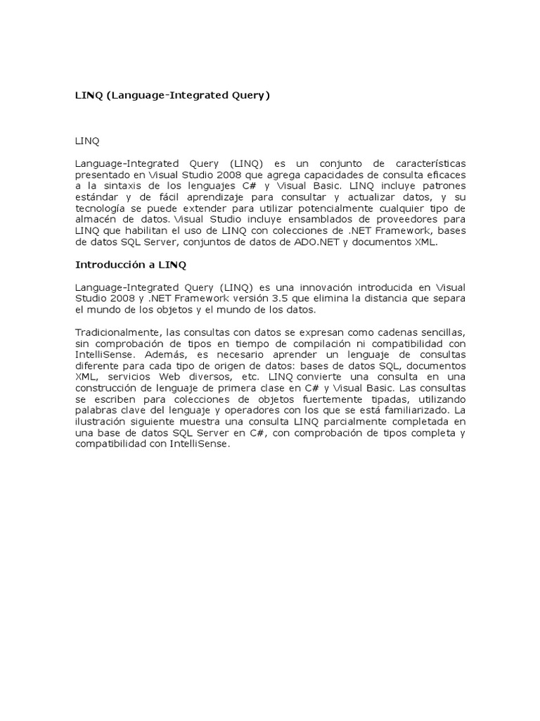 Introducción a LINQ en C# y VB | PDF | Consulta integrada de idiomas | SQL