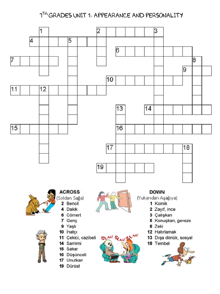 Appearance and Personality 7 Sinif 1 Unite Crossword Puzzle Test 13
