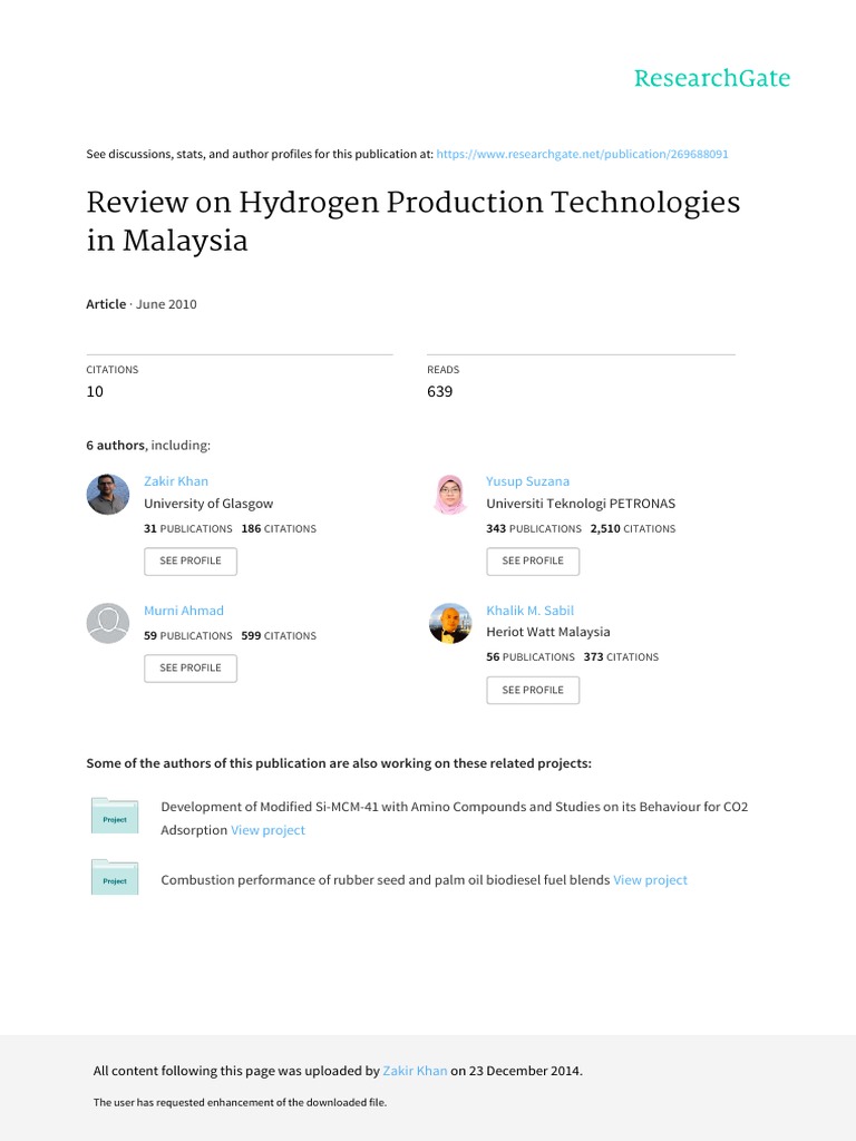 Hydrogen Production in Malaysia Review | PDF | Biomass | Gasification