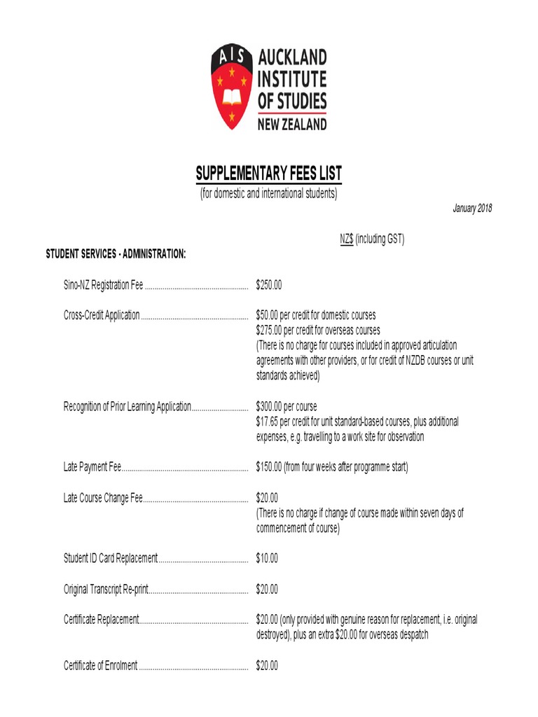 Supplementary Fees List PDF Fee Postgraduate Education