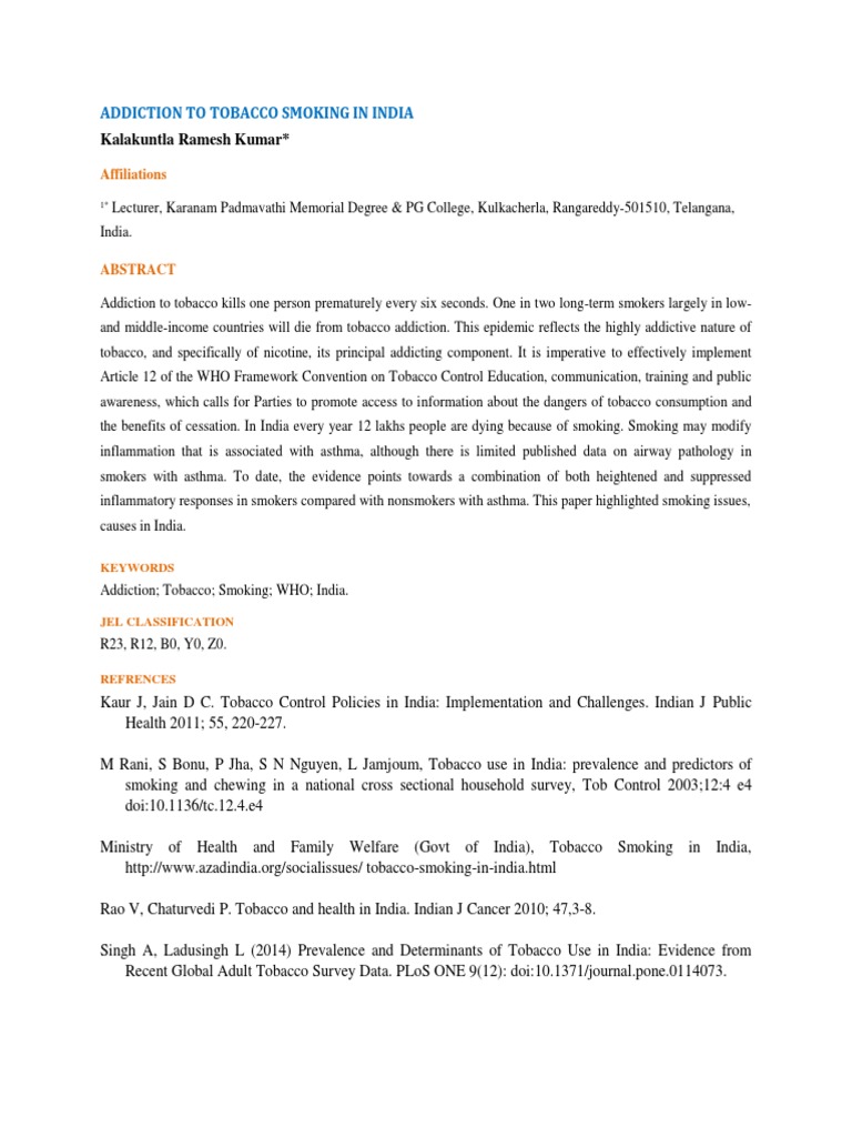 Tobacco Addiction Crisis in India | PDF | Tobacco Smoking | Addiction