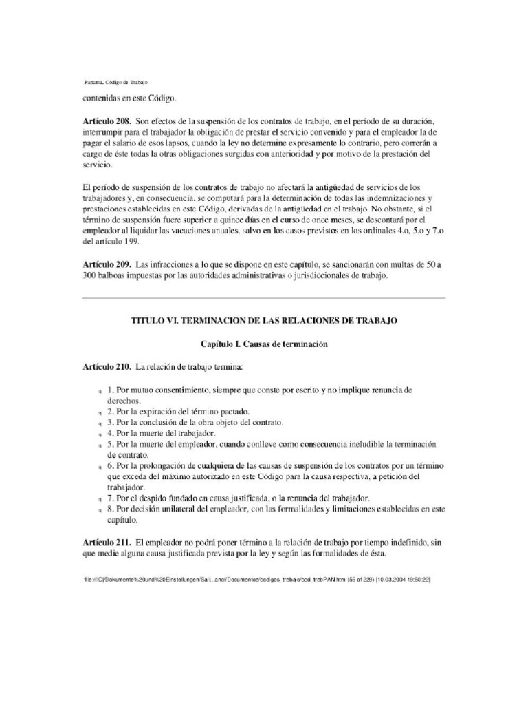 Codigo De Trabajo De Panama Articulo 212 Y 213