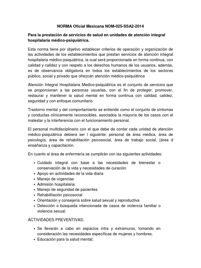 Resumen Nom 025 Hospital Salud mental