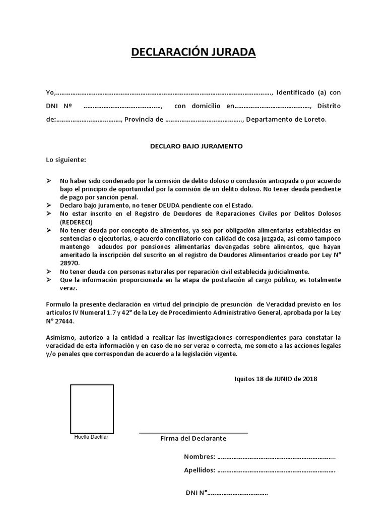 Declaración Jurada de No Adeudo Al Estado