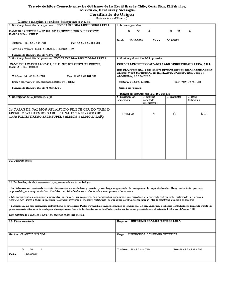 Certificado de Origen TLC CAchile (Costa Rica) Los Fiordos PDF Bienes Costa Rica