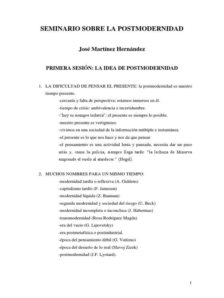 Seminario sobre Postmodernidad y Crisis | PDF | Modernidad | Verdad