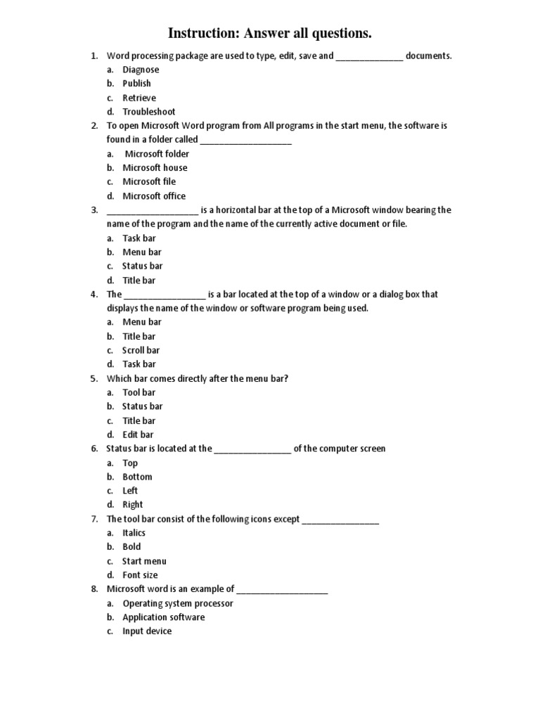 Instruction: Answer All Questions | PDF | Microsoft Word | Software