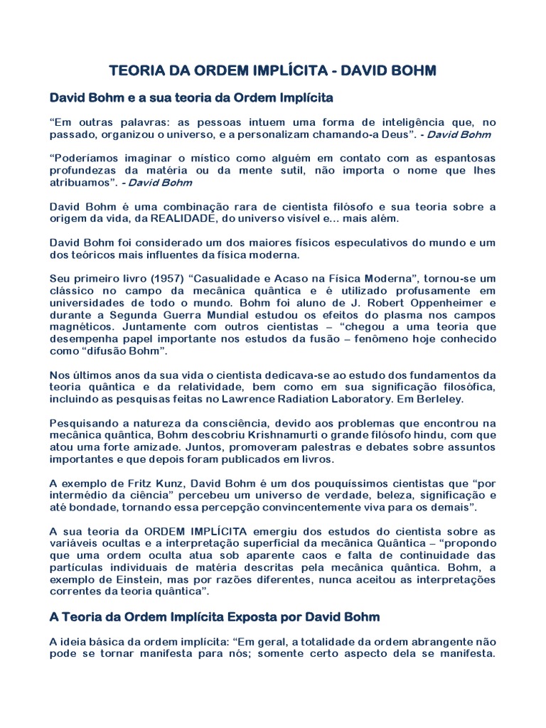 Teoria da Ordem Implícita de Bohm | PDF | Física | Matéria