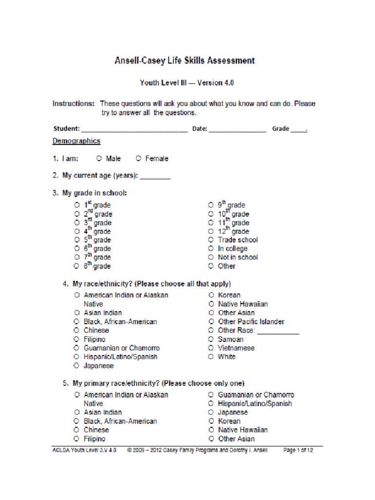 Casey Life Skills Transition Assessment Ages 13 15 PDF
