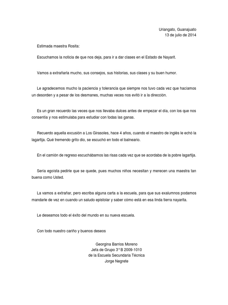 Ejemplo de Carta de Despedida A Un Maestro o Maestra