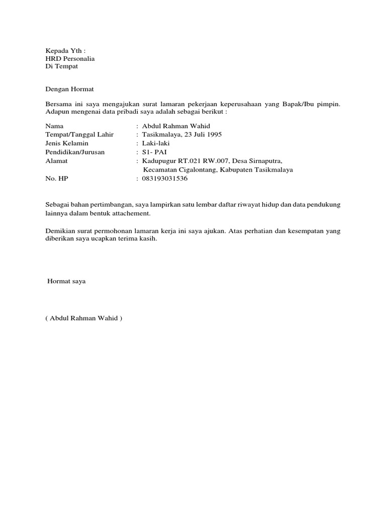 Contoh Lamaran Kerja Dan Cv Pdf - Simak Gambar Berikut