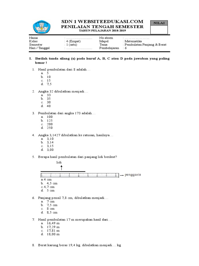 6 Soal Mtk Kelas 4 Pembulatan Panjang Dan Berat Websiteedukasi Com 1 Doc