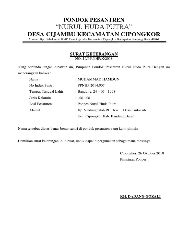 Surat Keterangan Santri