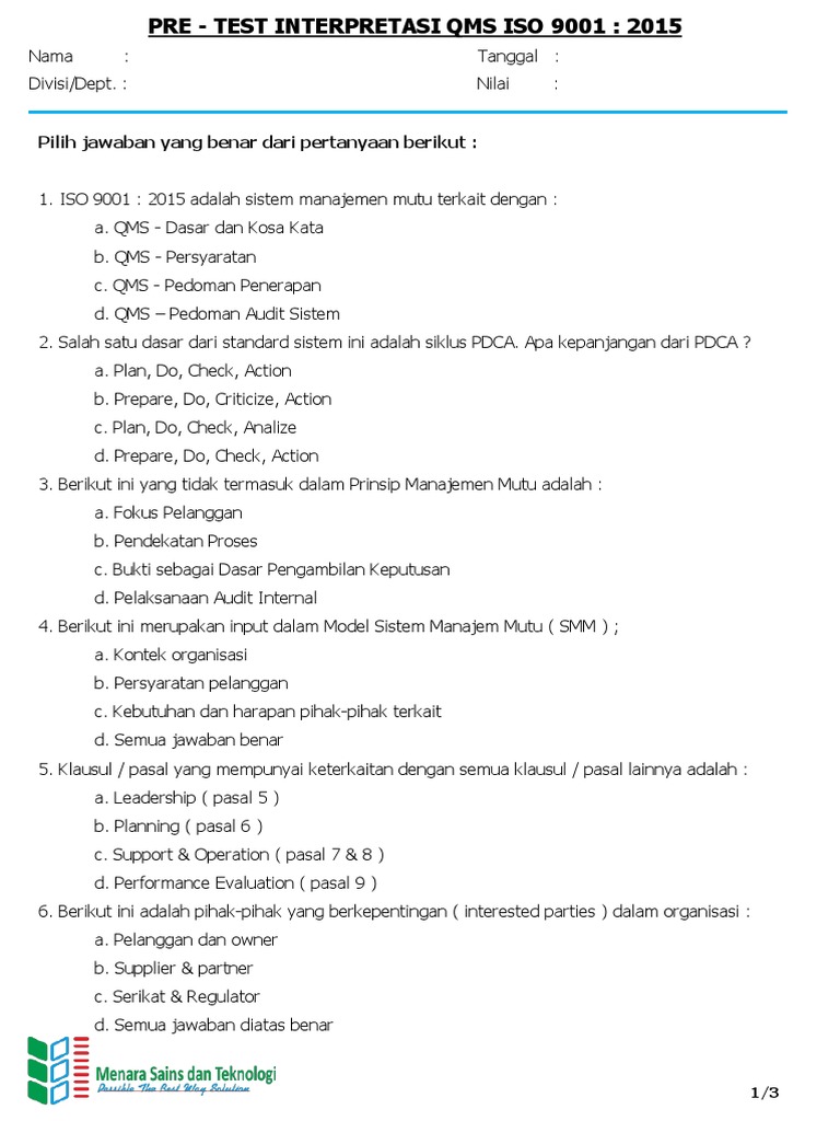 1 Pre Test Interpretasi Iso 9001 2015 Ppt