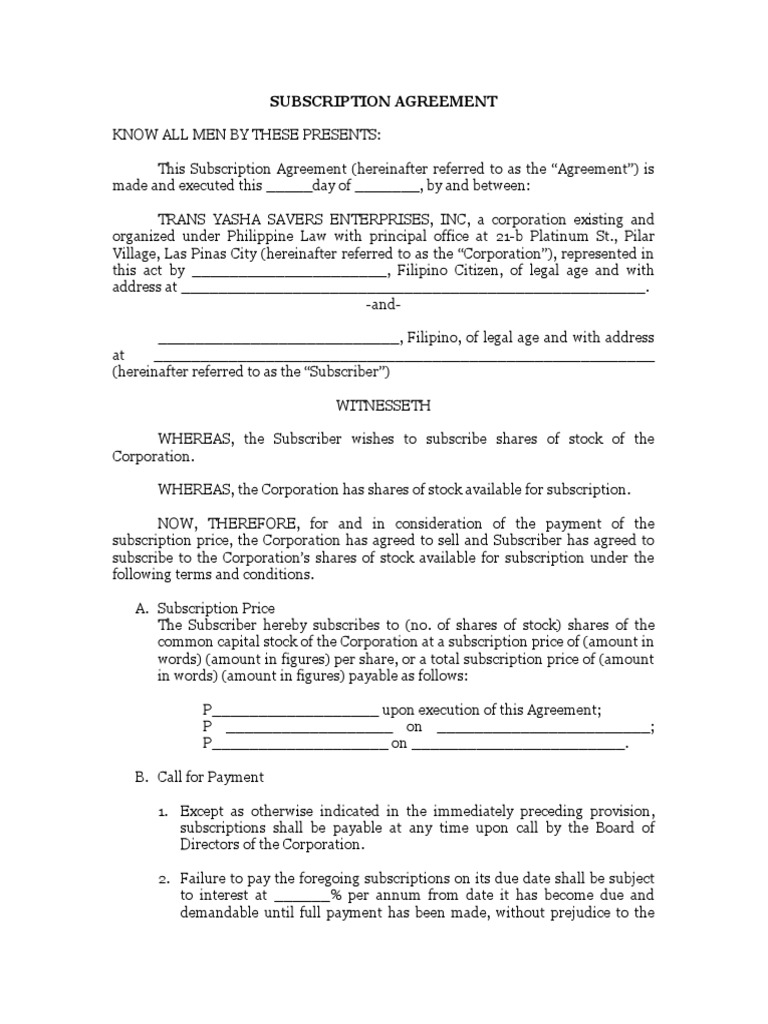 Subscription Agreement SAMPLE | PDF | Subscription Business Model