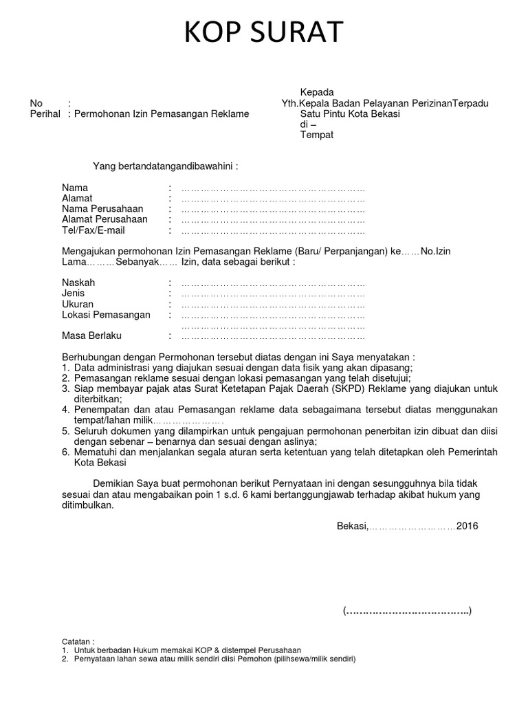Blanko Surat Permohonan Pemasangan Reklame