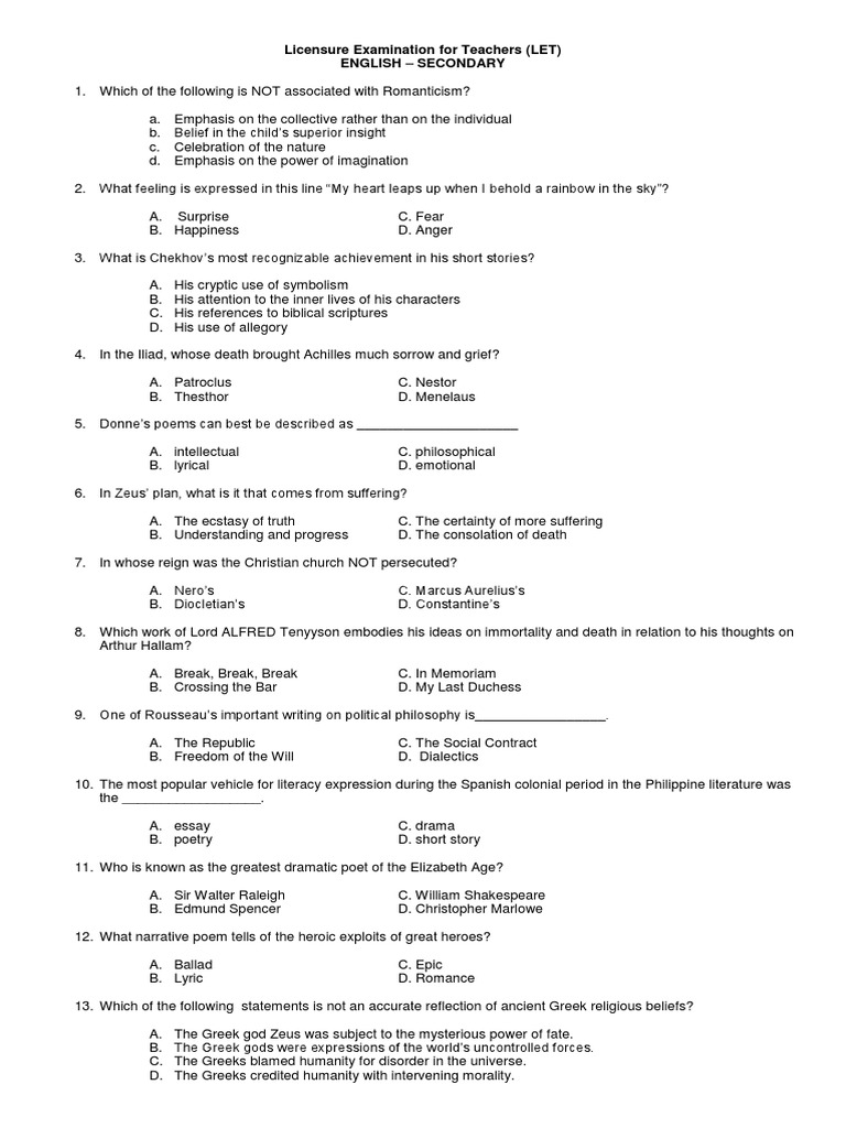 LET Review: English Majorship Questions | PDF | Reading (Process ...