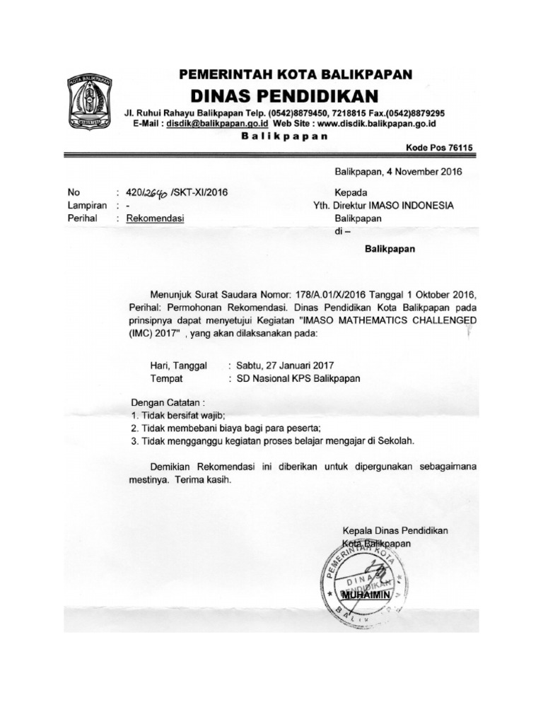 Contoh Surat Rekomendasi Dinas Pendidikan Untuk Lomba Matematika