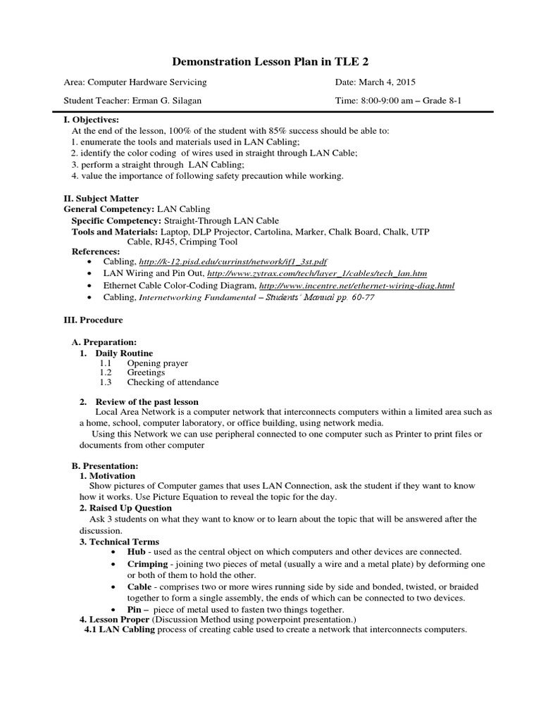 LAN Cabling Lesson Plan for Grade 8 | PDF | Electrical Connector ...