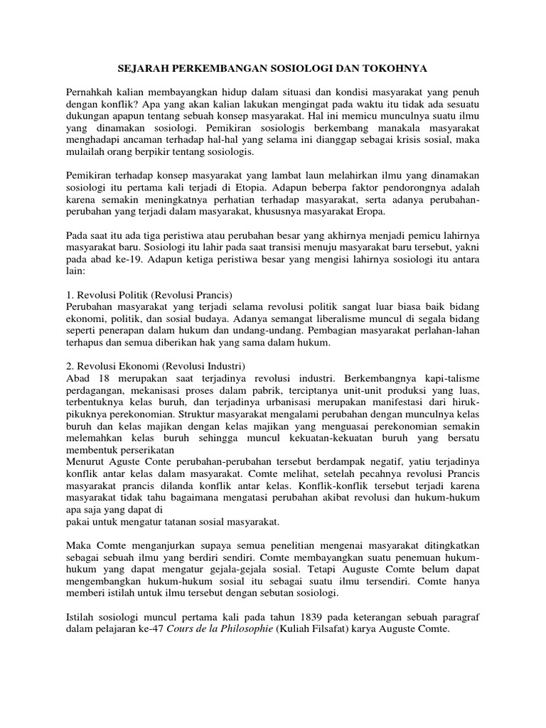 Sejarah Perkembangan Sosiologi Dan Tokohnya