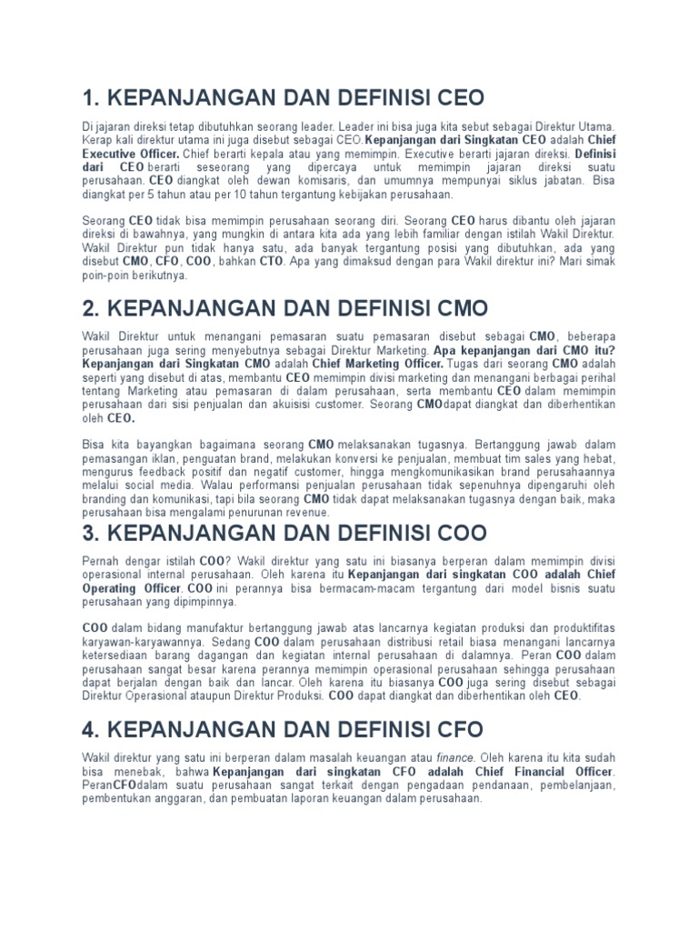 Perbedaan Ceo Cfo Dll